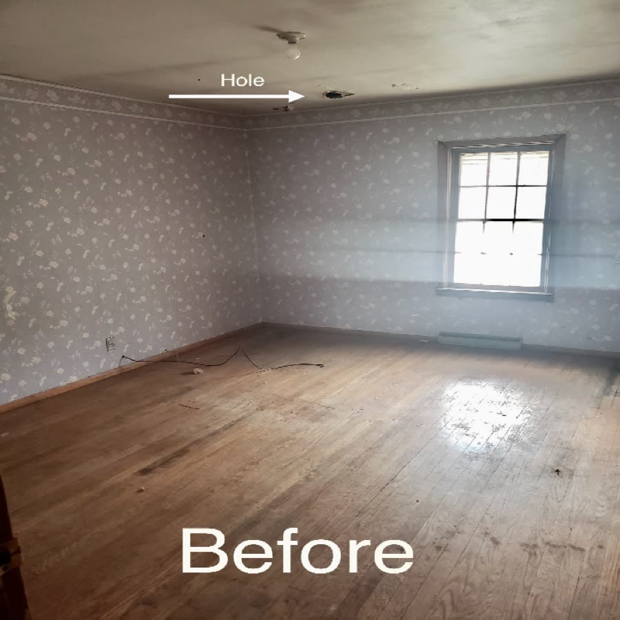 Bedroom before new vinyl plank flooring and paint.
